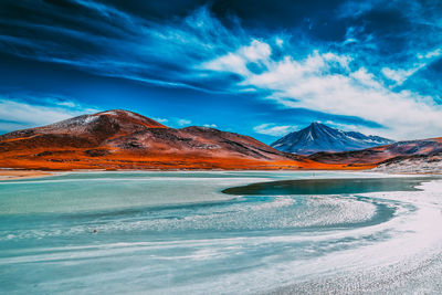 Scenic view of snowcapped mountains against blue sky