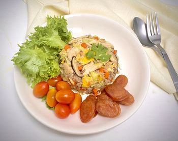 High angle view of breakfast served in plate