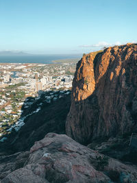 Rock formations in city against clear sky