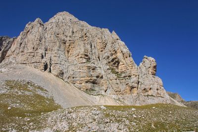 Low angle view of rock formation against clear blue sky