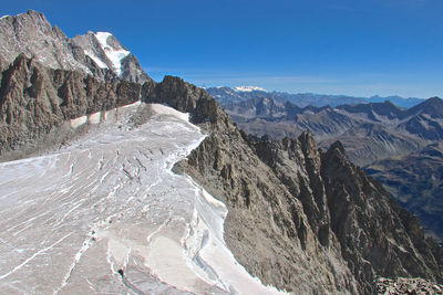 Panoramic view of snowcapped mountains against clear blue sky