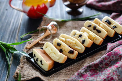 High angle view of dessert in plate on table