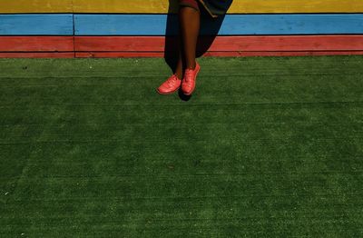 Low section of woman standing on grassy field