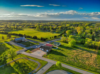 High angle view of agricultural field against sky