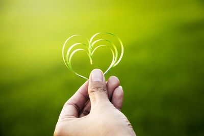 Close-up of hand holding heart shape leaf