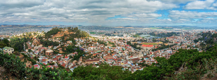 High angle shot of townscape against sky