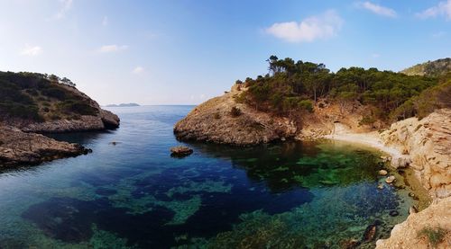 Scenic view of rocks in sea against sky