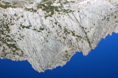 Low angle view of rocks against clear blue sky