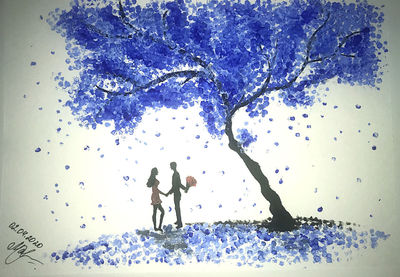 Digital composite image of silhouette people standing against blue water