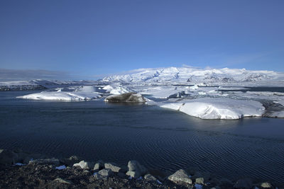 Scenic view of sea against clear blue sky