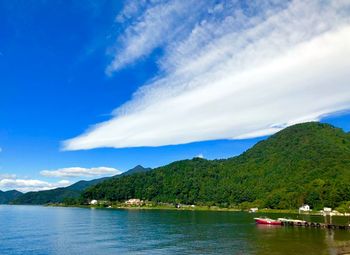 Scenic view of lake and mountains against sky