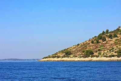 Scenic view of sea against clear blue sky