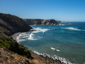 Scenic view of sea against clear blue sky