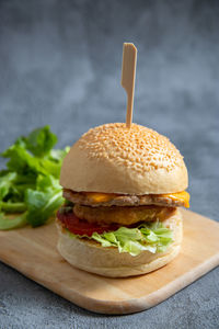 Close-up of burger on table