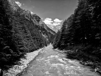 Baspa river flowing through the mountains of sangla valley. himachal pradesh, india.