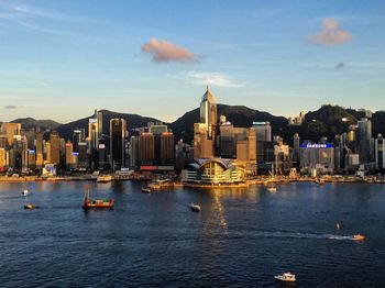 View of city at waterfront during sunset