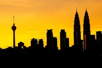 Silhouette of city at sunset