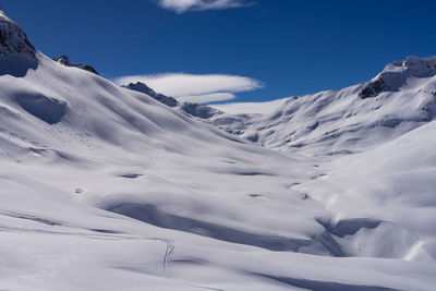 Scenic view of snow covered mountains against sky