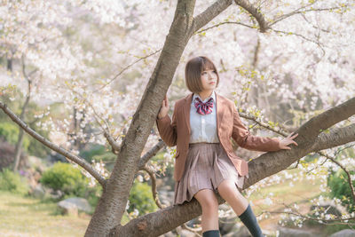 Woman looking away while sitting on cherry tree