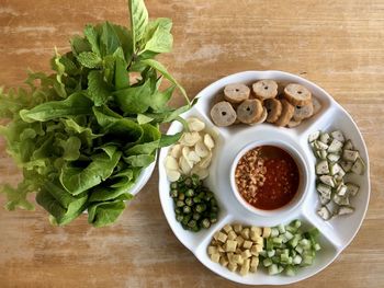 High angle view of salad in bowl on table