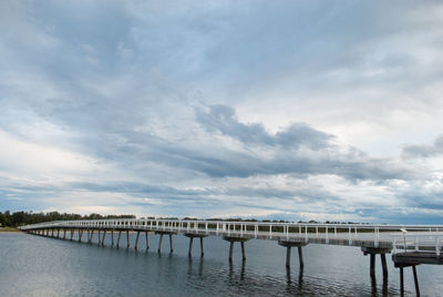 Bridge over calm river against sky