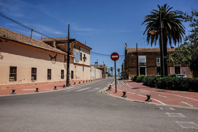 Road by palm trees against sky in city