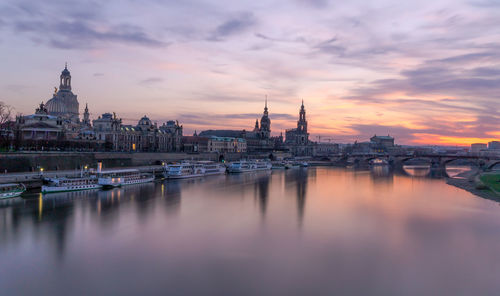 View of city at waterfront during sunset