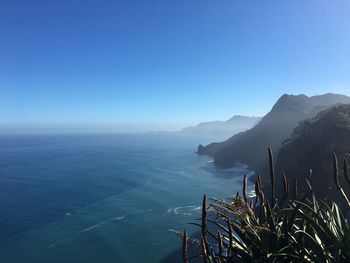 Scenic view of sea against clear blue sky