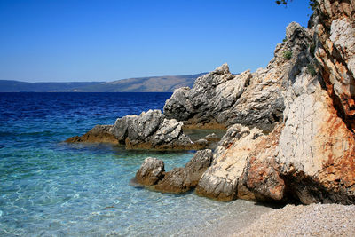 Scenic view of sea against clear blue sky