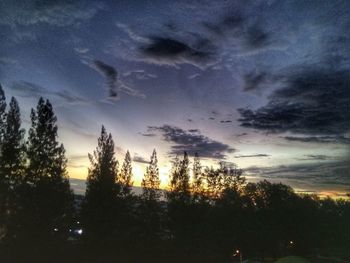 Silhouette trees on landscape against sky at sunset