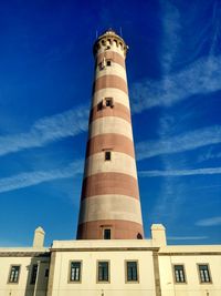 Low angle view of lighthouse by building against sky