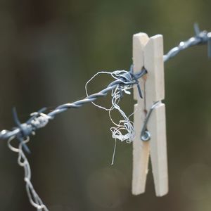 Close-up of clothespin on fence