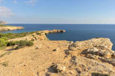 Scenic view of sea and rock formations against sky