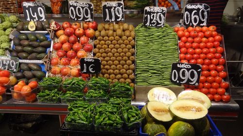 Variety of fruits and vegetables with price tag for sale