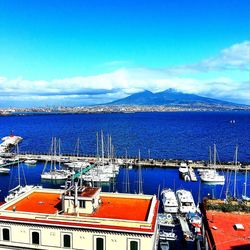 High angle view of sea against blue sky