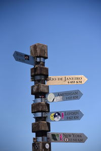 Low angle view of road sign with text against clear sky