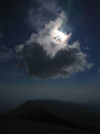 Low angle view of silhouette mountain against sky at night