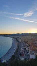 High angle view of cityscape against sky during sunset