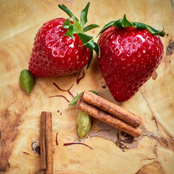 High angle view of strawberries on table