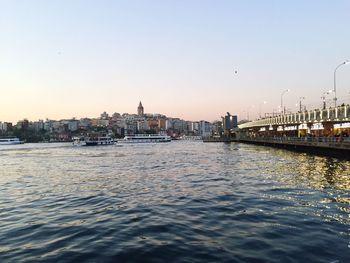 Scenic view of river against clear sky during sunset