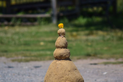 Close-up of stone stack on rock