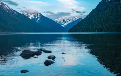 Scenic view of lake by snowcapped mountains against sky