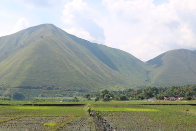Scenic view of field and mountains against sky