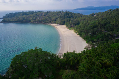 High angle view of bay against sky