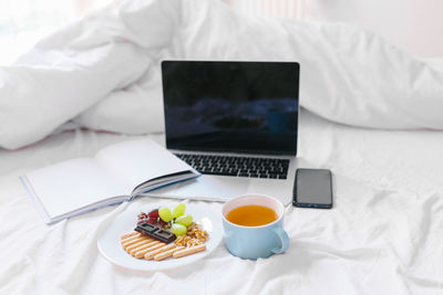 High angle view of breakfast served on table