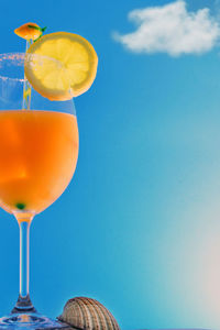 Close-up of oranges against blue sky. orange juice cocktail on the beach sand