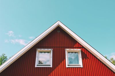 Low angle view of cottage against sky