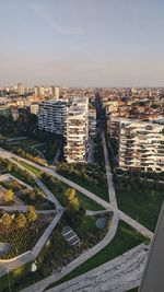 High angle view of buildings against sky