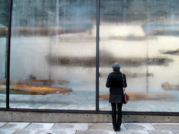 Rear view of woman standing against window