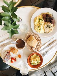 High angle view of breakfast served on table